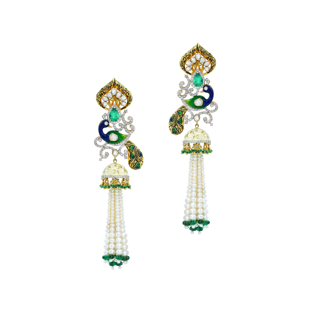 Pearl and Emerald Necklace Set with Polki and Peacock Motifs